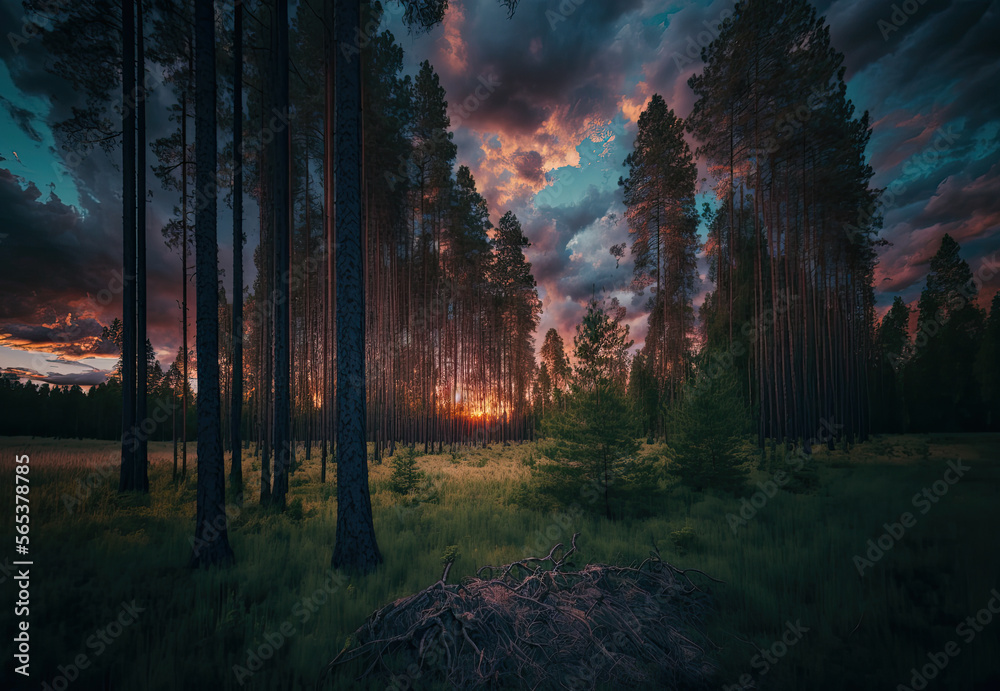 Obraz premium sunset in the forest created with Generative AI technology