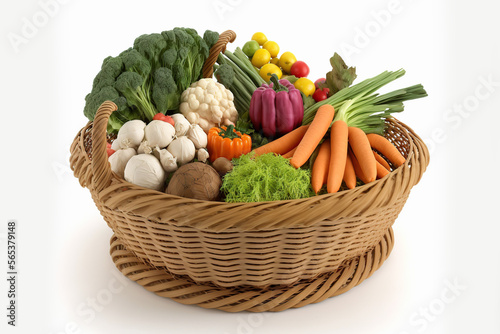 Vegetables in wicker basket isolated on white background