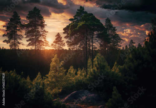 sunset in the forest created with Generative AI technology