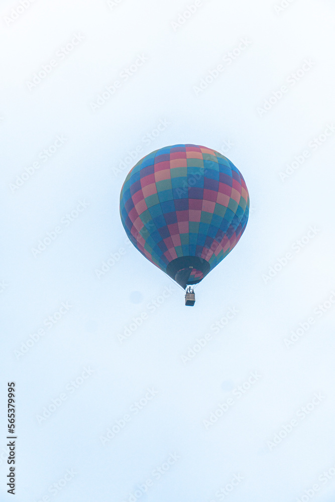 Fototapeta premium hot air balloon in a clear sky and between trees a balloon ride