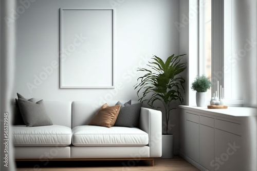 Blank picture frame mockup in home interior design. View of modern scandinavian style interior with artwork template on a white wall. Living room © DavidGalih | Dikomo.