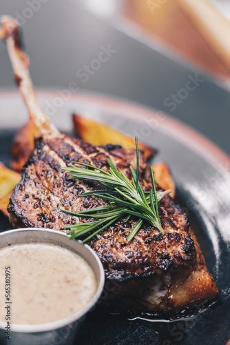 Delicious piece of meat on a plate garnished with herbs