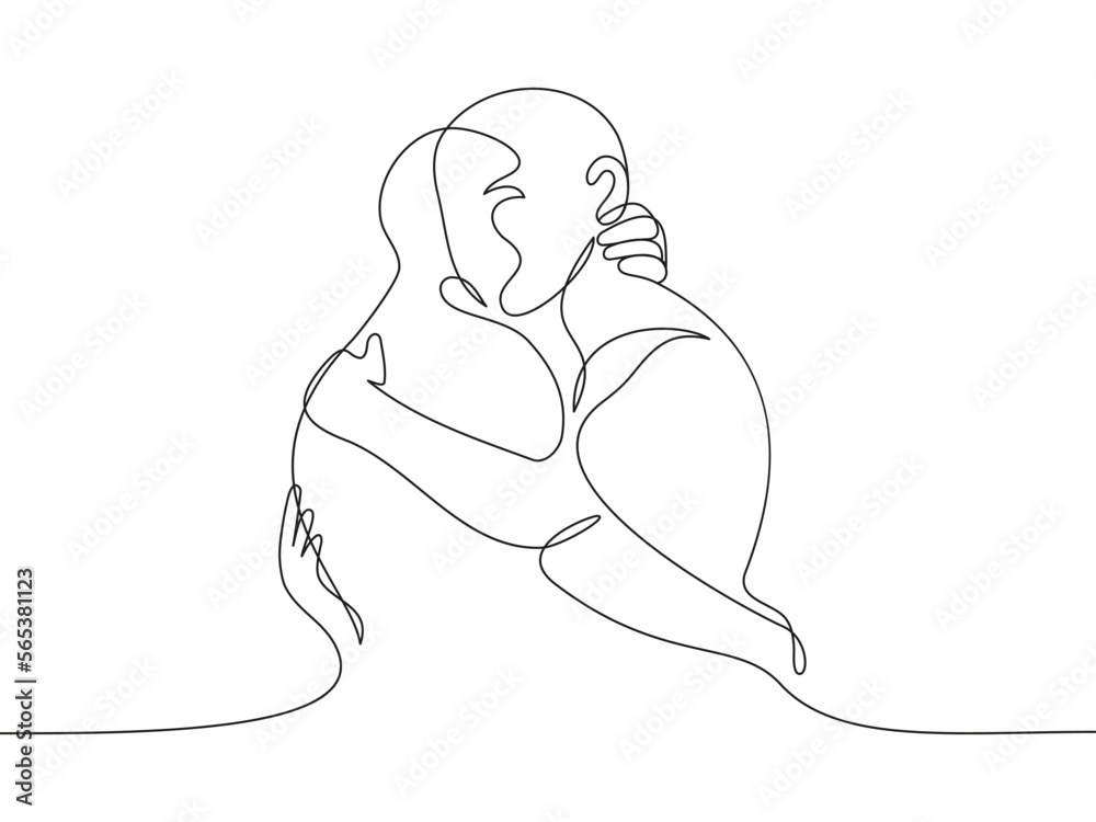 Continuous line drawing of two people hug. Friendly hug concept. One ...