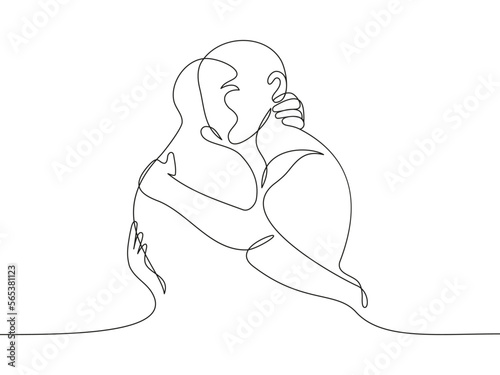 Continuous line drawing of two people hug. Friendly hug concept. One line art. Vector illustration.