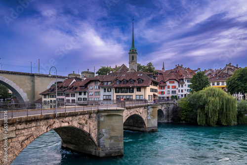 Evening shot of the stone bridges above the Aarne River in Bern, Switzerland.