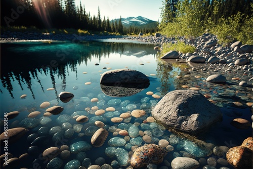 Beautiful pebbles and rocks next to a crystal clear lake in sunshine hour - Generative AI image