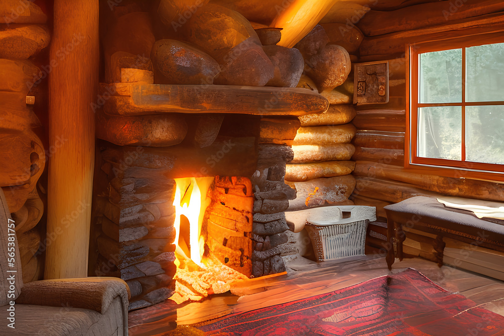 Fireplace Inside a House Made of Wood, Generative AI