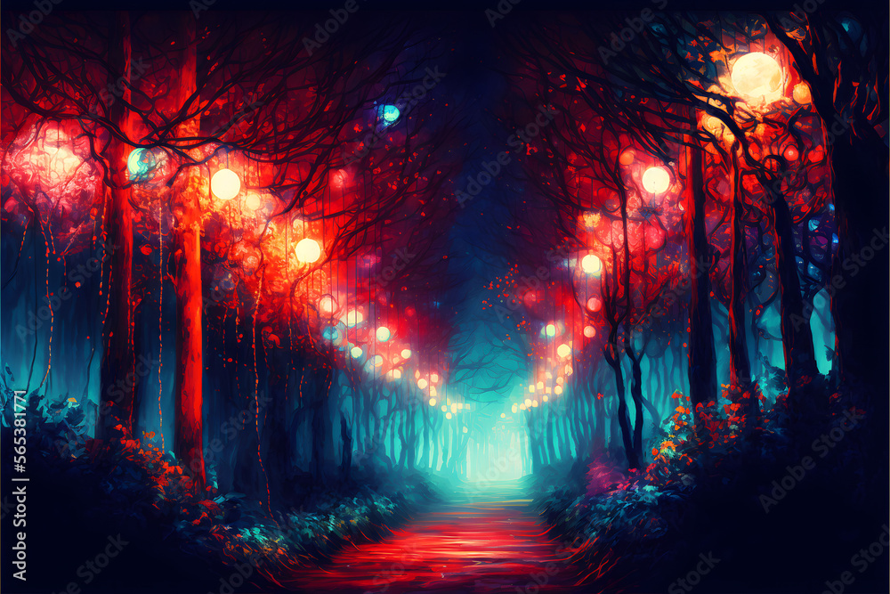 Fantastic forest at night with a path with illuminated lanterns. Mystical forest landscapes. Generative AI