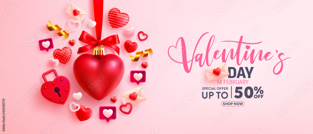 Valentine's Day Sale Poster and Banner with sweet hearts and Valentine elements on pink background.Promotion and shopping template for love and Valentine's day concept.