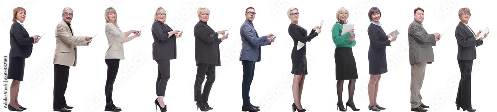 group of people demonstrating tablet looking at camera group of people demonstrating tablet looking at camera