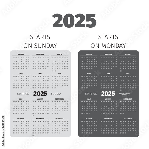 2025 pocket calendar. Start on Sunday and Monday