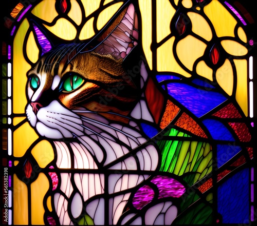 Stained Glass Window Portrait of Cat, Generative AI Illustration