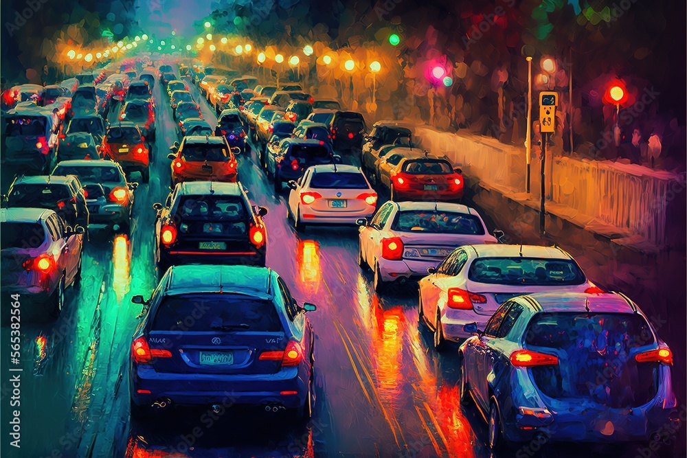 Obraz premium Painting of night street, urban cityscape with colorful light - Generative AI image