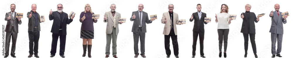 group of happy people with gifts in their hands isolated group of happy people with gifts in their hands isolated