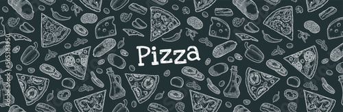 Seamless pattern slice pizza Pepperoni, Hawaiian, Margherita, Mexican, Seafood, Capricciosa with ingredients. Vintage vector engraving