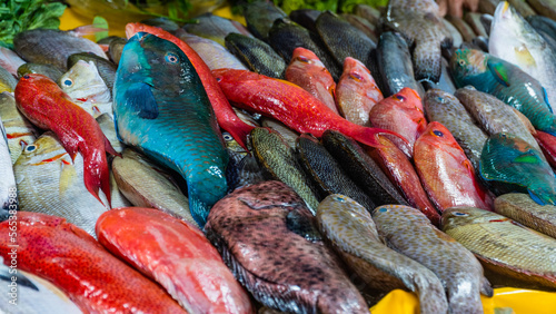 Variety of fresh colorful fish in Kota Kinabalu, Malaysia market near the ocean.