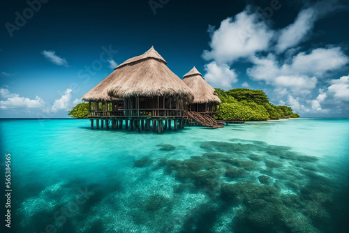 Fényképezés Maldives islands water bungalow and blue ocean lagoon