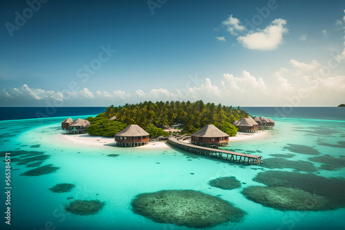 Vászonkép Maldives islands water bungalow and blue ocean lagoon