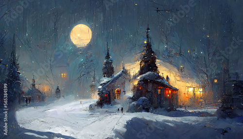 Christmas snow on a cold night illustration Generative AI Content by Midjourney