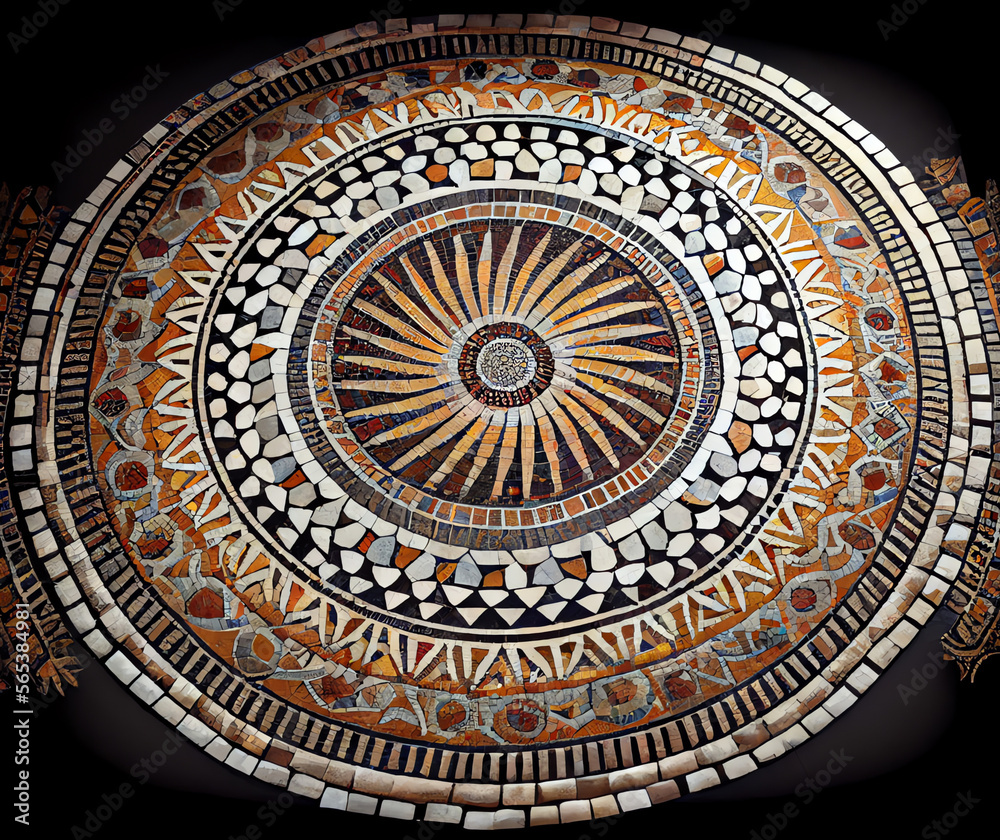 roman mosaic floor, round ornament pattern, generative ai