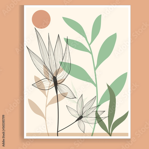 Botanical wall art vector. Earth-tone boho foliage line art drawing with abstract shapes. Abstract Plant Art design for print  cover  wallpaper  and Minimal and natural wall art.