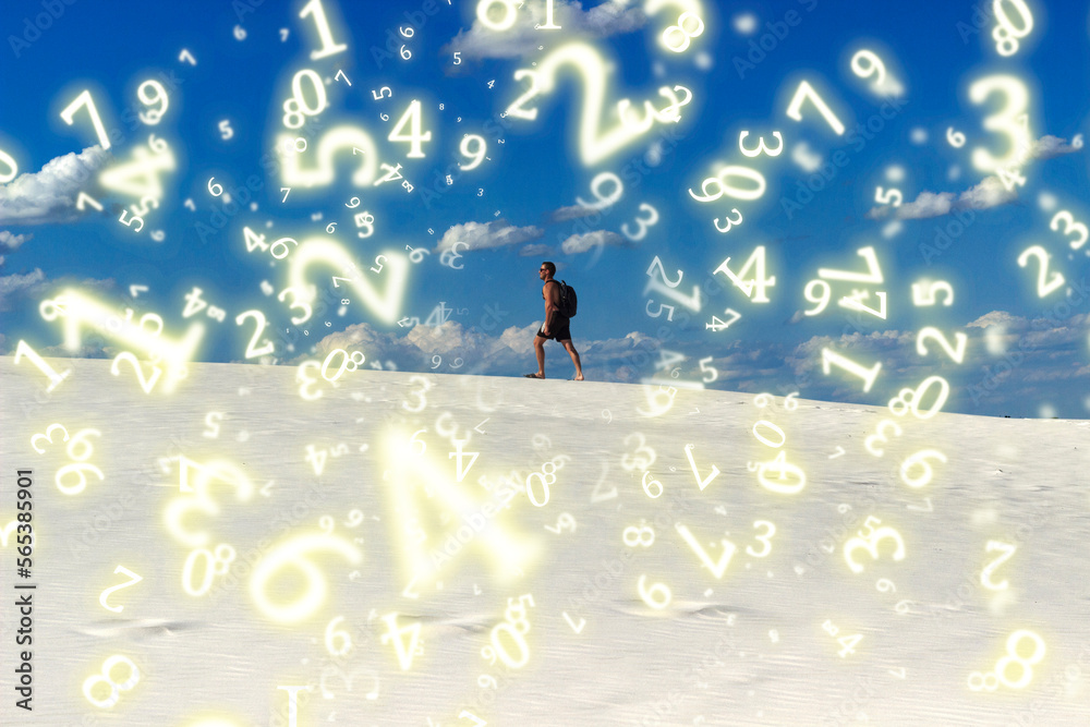 numerology, a young man walks in the desert with a rukzak, a symbol of life's journey and journey, surrounded by numbers numerology, a young man walks in the desert with a rukzak, a symbol of life's journey and journey, surrounded by numbers