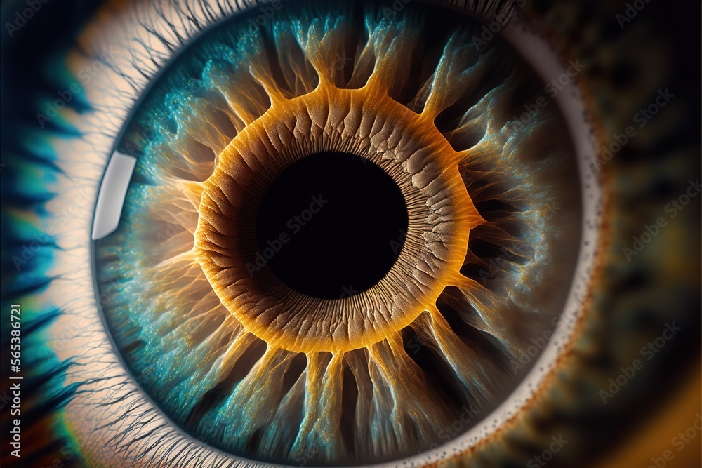 extreme close up of a human eye. Beautiful coloured iris. Generative AI