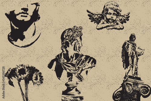 Greek ancient sculpture background with surreal elements. Seamless pattern with statues and sunflower elements vector illustration