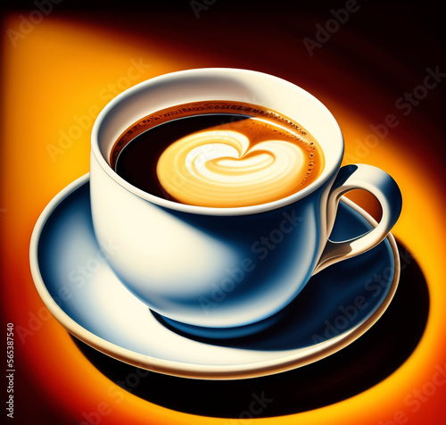 An isolated latte in a coffee cup placed on top of a white saucer. Plain orange background. Digital illustration.