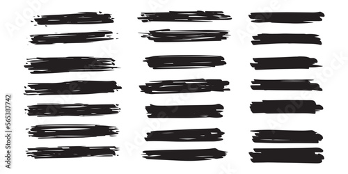 Bundle of ink brush rectangel stroke freehand drawings. Ink splatters, grungy painted lines, artistic design elements. Vector paintbrush set.
