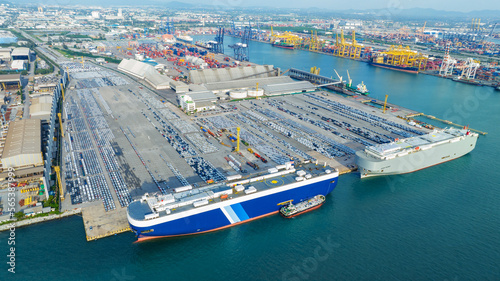 Photography Many new cars running cargo ship, Ro-Ro Ship for import export shipping cars by