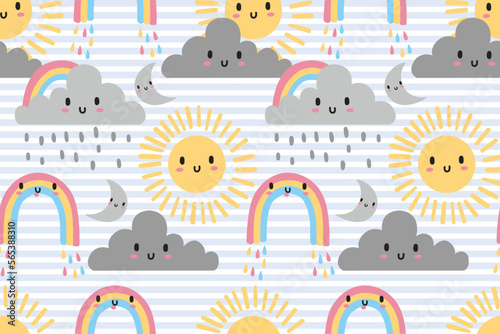DOODLE RAINBOW WITH SUN, MOON AND CLOUDS WITH RAINDROPS AND STRIPER BACKGROUND IN EDITABLE FILE
