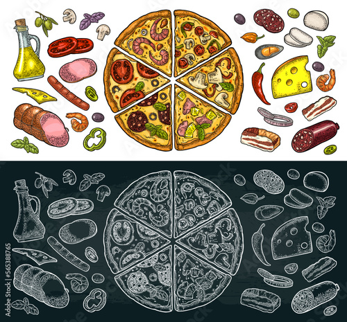 Set slice pizza Pepperoni, Hawaiian, Margherita, Mexican, Seafood, Capricciosa with ingredients. Vintage vector engraving