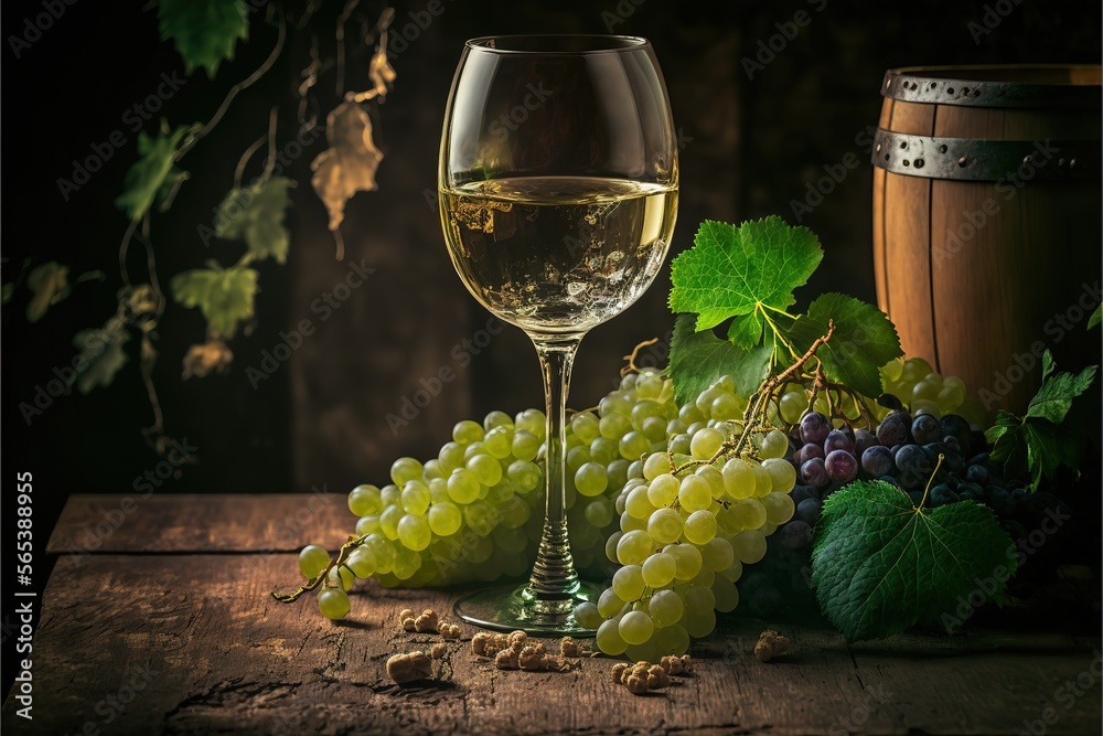 White wine in a glass and ripe grapes on wooden table. Generative AI