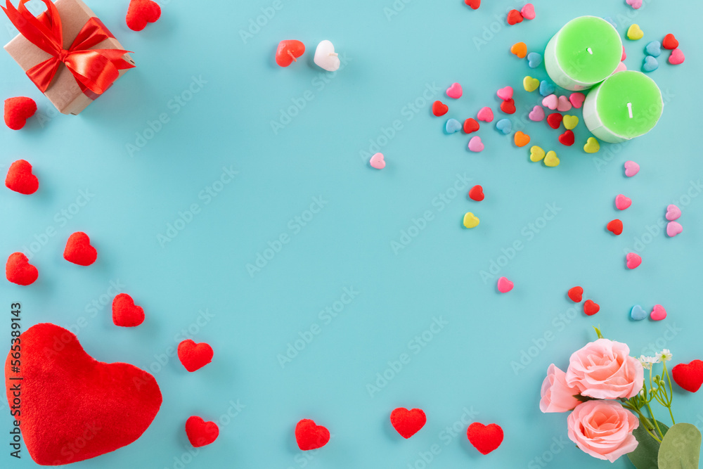 Valentines day with red heart, candle and gift box on background Valentines day with red heart, candle and gift box on background