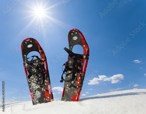 closeup snowshoe pair in snow on blue sky background under a sparkle sun