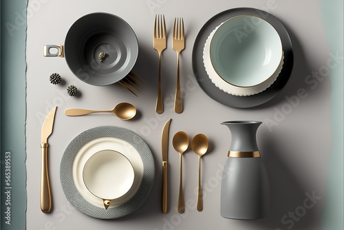 Stylish tableware on light grey table, flat lay. Space for text. Generative AI