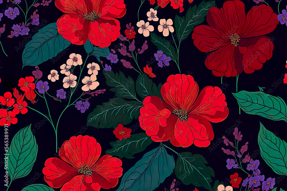 Red and purples flowers on dark background.  Seamless valentine background wallpaper pattern with room for style and text.