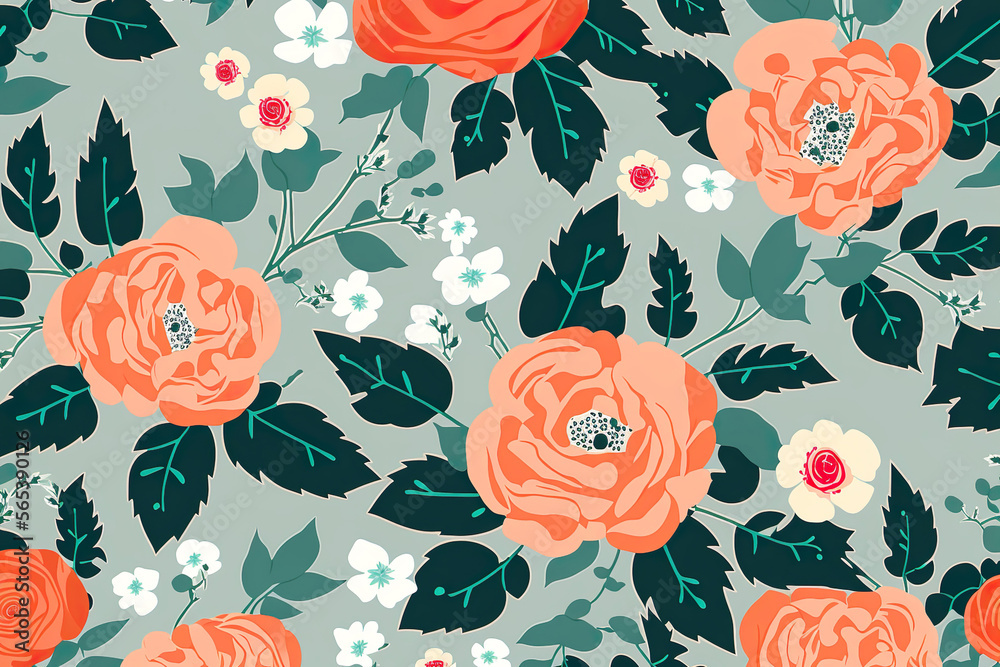 Pastel colored pink and white flowers and leaves on green background. Seamless valentine background wallpaper pattern with room for style and text. Pastel colored pink and white flowers and leaves on green background. Seamless valentine background wallpaper pattern with room for style and text.