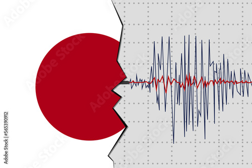 Earthquake in Japan, natural disasters news banner idea, seismic wave with flag