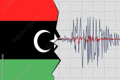 Earthquake in Libya, natural disasters news banner idea, seismic wave with flag