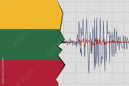 Earthquake in Lithuania, natural disasters news banner idea, seismic wave with flag
