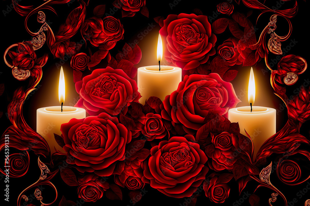Romantic illustration of candles and red roses. Lovely flowers and dim ...