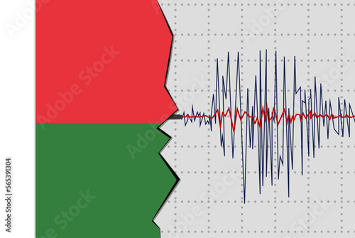 Earthquake in Madagascar, natural disasters news banner idea, seismic wave with flag