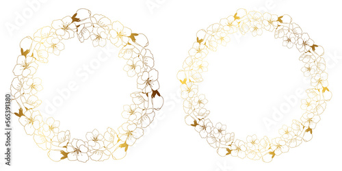 Spring wreath of cherry blossoms. Gold round frame with space for text. Template for postcard, invitation card, banner. Vector illustration on transparent background