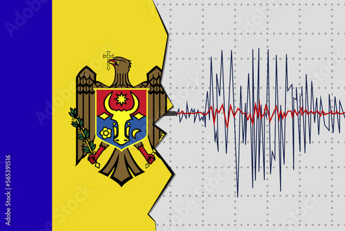 Earthquake in Moldova, natural disasters news banner idea, seismic wave with flag