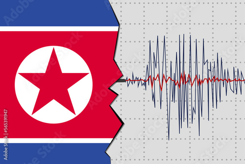 Earthquake in North Korea, natural disasters news banner idea, seismic wave with flag