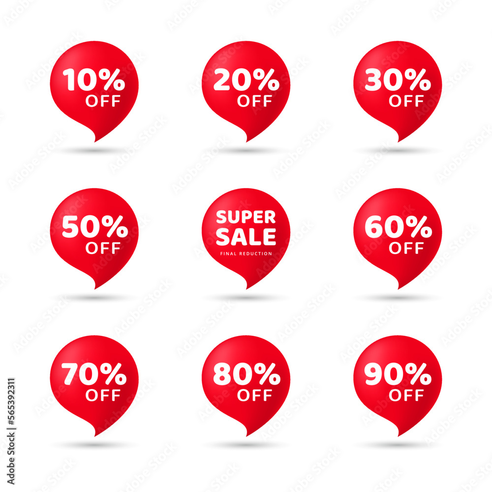 Super sale discount red bubbles vector set isolated on white background. Promotion labels concept Super sale discount red bubbles vector set isolated on white background. Promotion labels concept