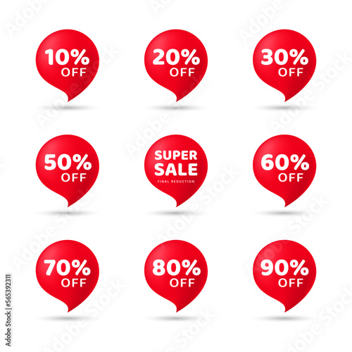 Super sale discount red bubbles vector set isolated on white background. Promotion labels concept
