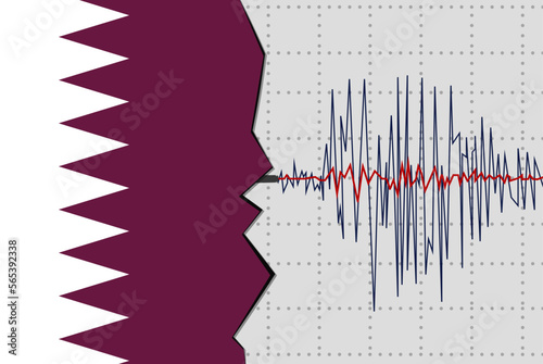 Earthquake in Qatar, natural disasters news banner idea, seismic wave with flag